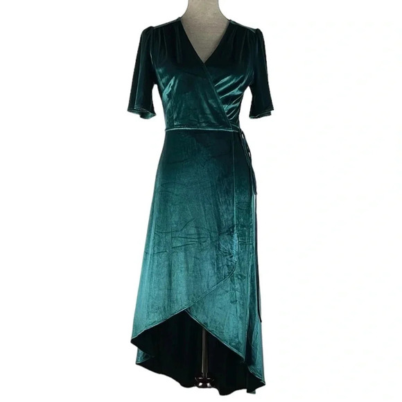 Lulus Amour Teal Green Luxe Stretch Velvet High-Low Wrap Dress V-Neck Size M - Picture 5 of 15